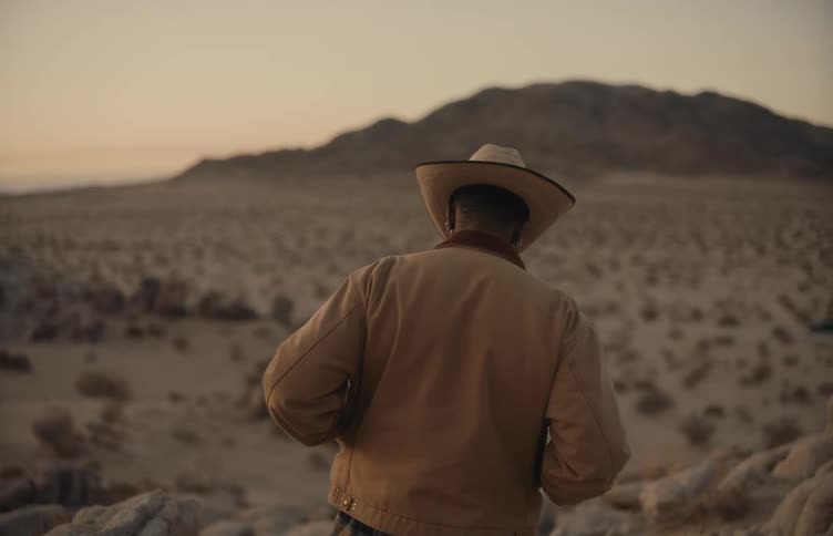 A view from behind shows a person wearing a tan jacket and a cowboy hat while standing in a desert during sunset with mountains in the distance
