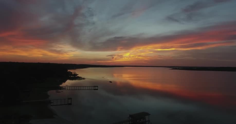 Orange and yellow colors in the sky after sunset over a lake
