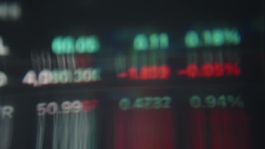 This video features a closeup blurred shot of a digital stock market ticker displaying fluctuating financial numbers and percentages the motion blur and shifting colors of red and green create a sense of fastpaced abstract data movement