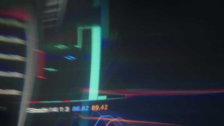 A high energy abstract view of a digital trading interface captures glowing green and red candlestick charts and shifting market data lines pulsing through heavy motion blur and vibrant light flares
