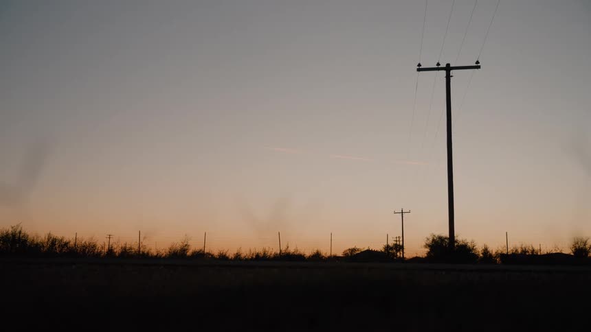 Utility poles on the rural roadside as grass and plants move in the breeze