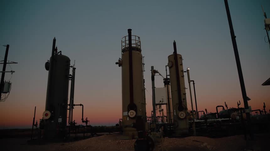 Industrial oil and gas processing equipment stands against a twilight sky