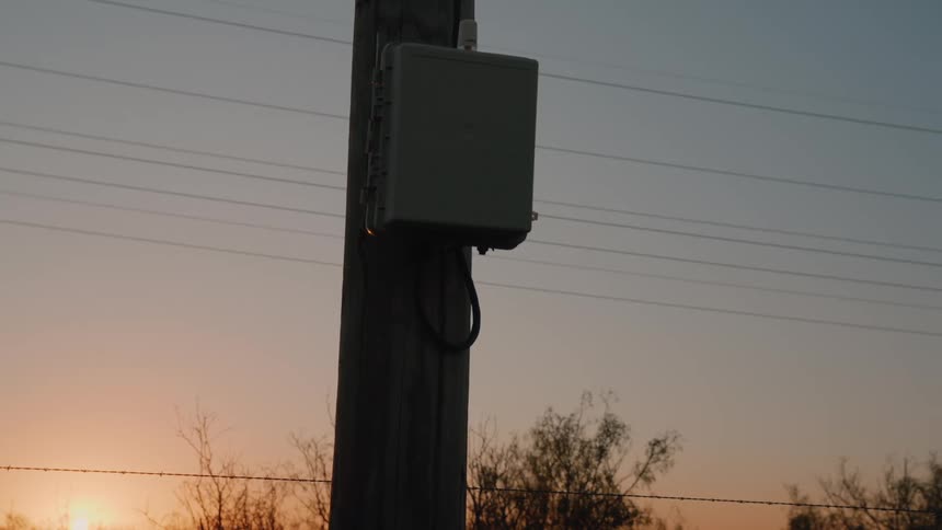 The sun is rising and shining on the utility pole
