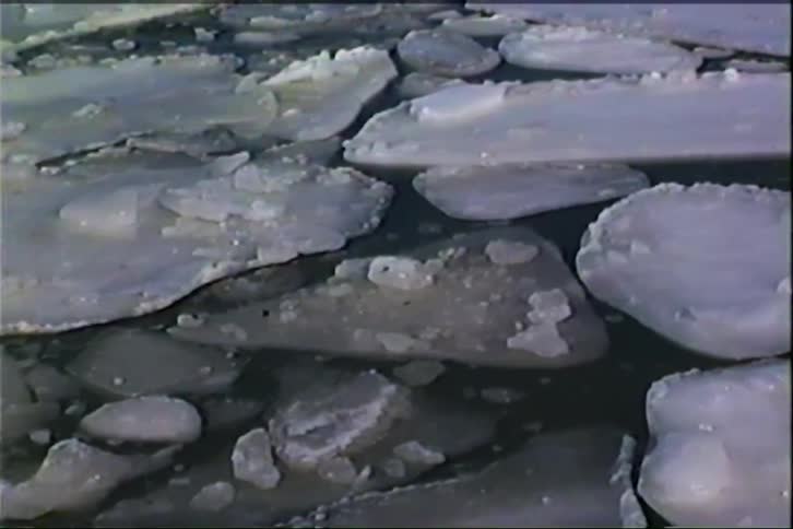 Sheets of ice piled up float on dark water