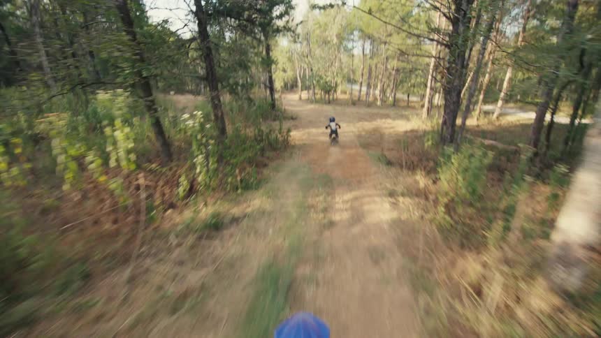 Two people riding dirt bikes in a forest
