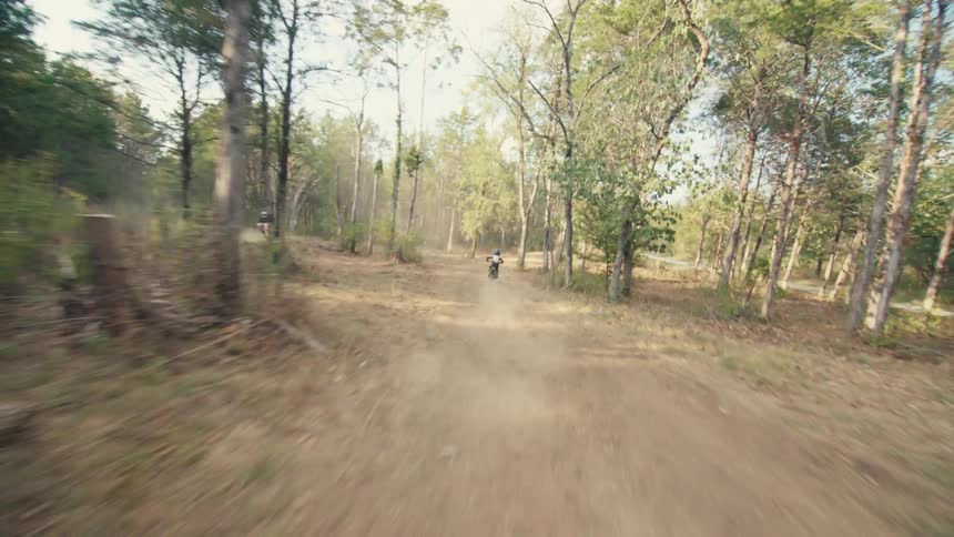 A person wearing a helmet and protective gear rides a yellow dirt bike down a dusty path through a forest of tall trees during a sunny day in a following view