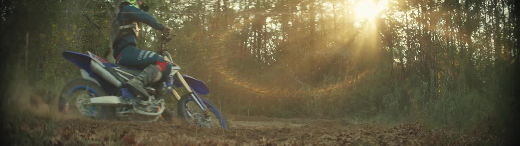 Motorcyclists ride through the woods on a sunny day kicking up dust