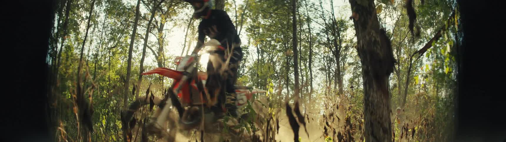 Two riders wearing helmets ride dirt bikes through a sunlit forest with sunlight streaming between the trees
