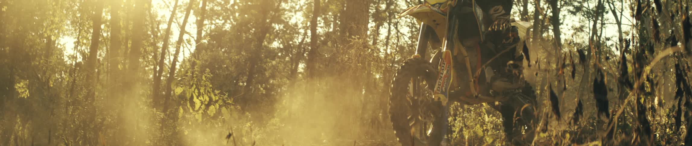 A person wearing a helmet and racing gear rides a yellow motorcycle through a sunlit forest while dust rises from the ground in a low view with bright lens flares