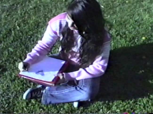 Girl sitting on the grass holding a notebook with visual interference in the image