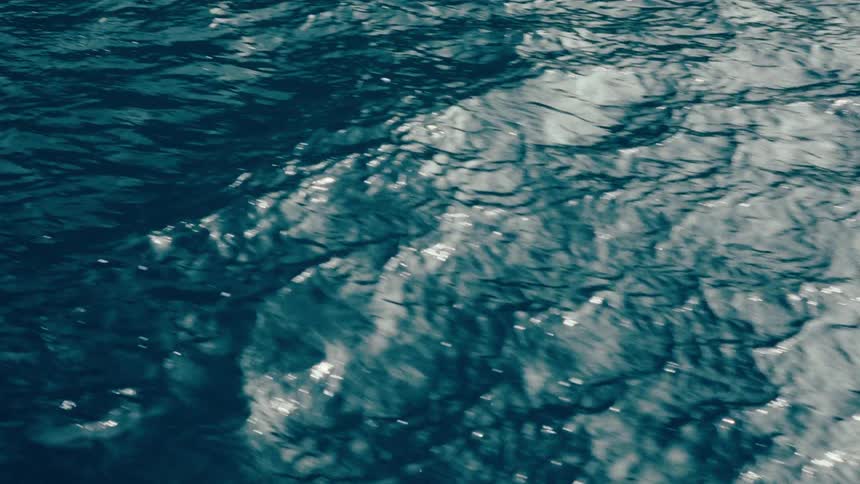 Dark blue ocean water ripples and churns as a boat wake cuts through the surface creating white foam and shifting reflections under natural light
