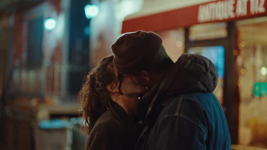 A man and woman kissing each other outside at night