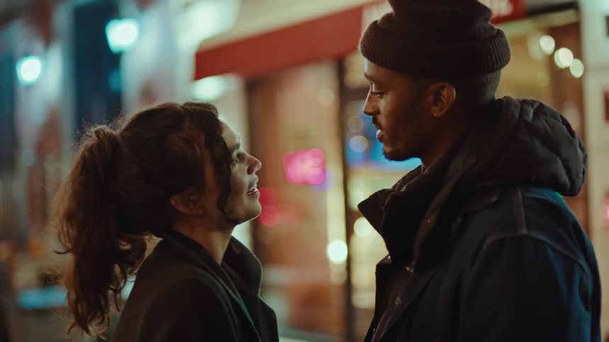 A couple enjoys a tender moment together talking and smiling on a lively street at night illuminated by colorful lights