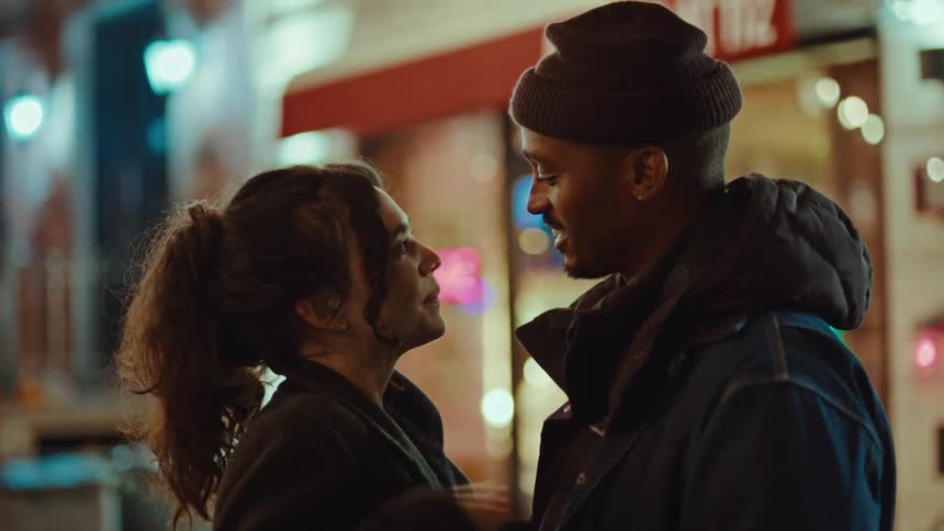 A couple kissing outside