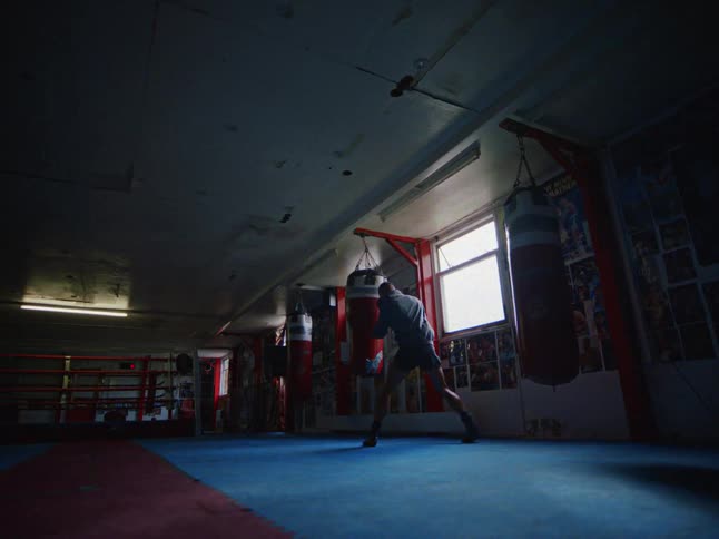 A lone boxer stands in a dimly lit gritty gym silhouetted against the cool light of a single windowhe rhythmically strikes a heavy bag his movements sharp and focused amidst the surrounding shadows and empty boxing ring