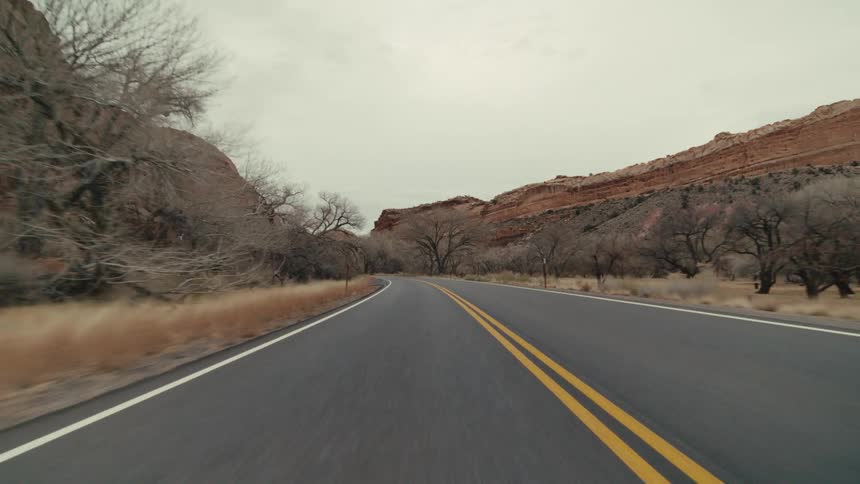 Road trip on a freeway through mountain canyons with trees and plants on the roadside