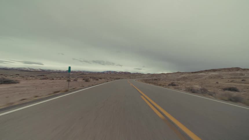 A view from a moving vehicle travels down a long straight road with two yellow lines through a dry desert landscape with scattered bushes and distant mountains under a grey overcast sky