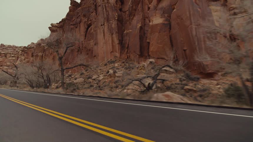 Red rock mountains and canyons with trees and plants on the roadside