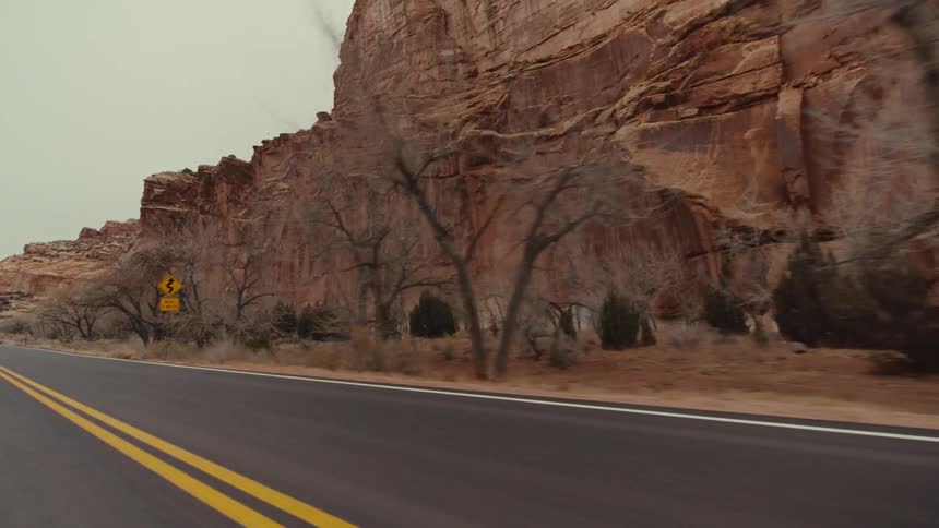 Red rock mountains and canyons with trees and plants on the roadside