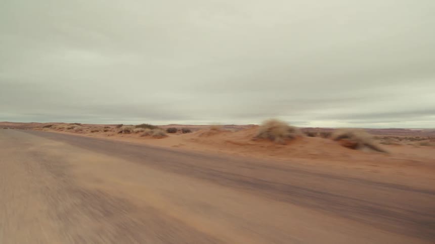 A view of a desert on a sunny day from a road