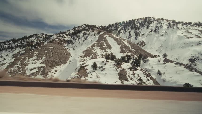Snowy white mountains with scattered evergreen trees sit under a cloudy sky on a roadside with patches of dry brown grass and dirt in the foreground