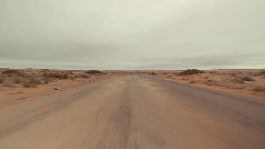 A point of view shot drives backward on a desert road under an overcast sky