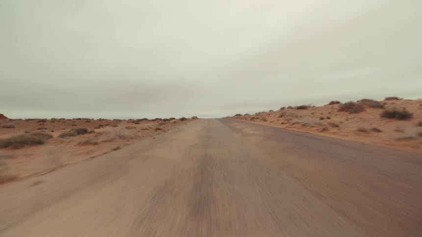A point of view shot drives backward on a desert road under an overcast sky