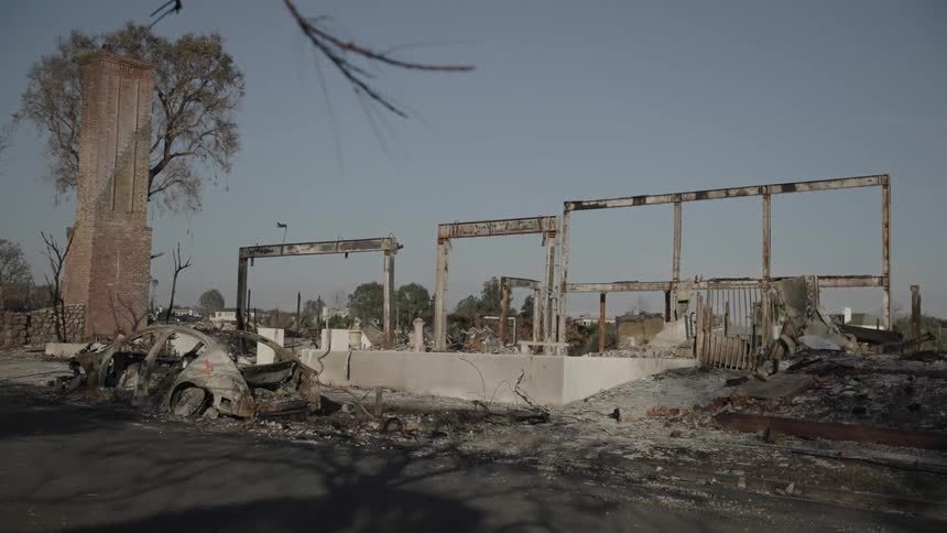 A burned out car is parked next to a house that has burned down
