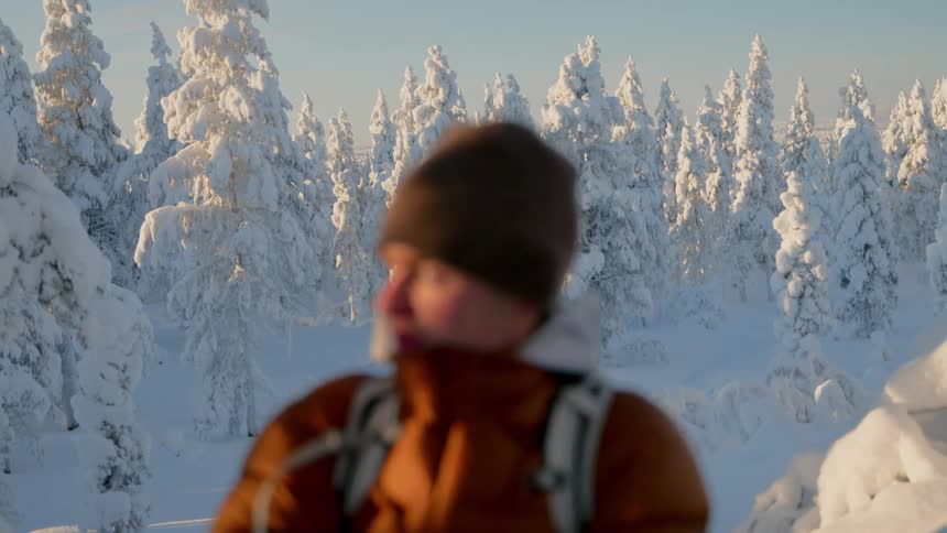 A person wearing an orange jacket and a brown hat stands in a blurred foreground with a vast forest of snow covered trees and soft sunlight in the background