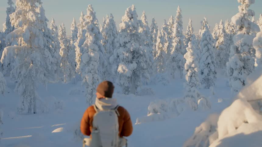 Hiker wearing a backpack walks on a mountain looking at snow covered trees in a forest