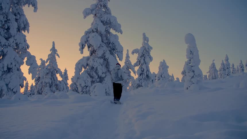 A person in winter gear walks through a deep snowcovered forest during a vibrant sunsetthey pause briefly to look around before continuing their trek through the heavy snow and frozen trees
