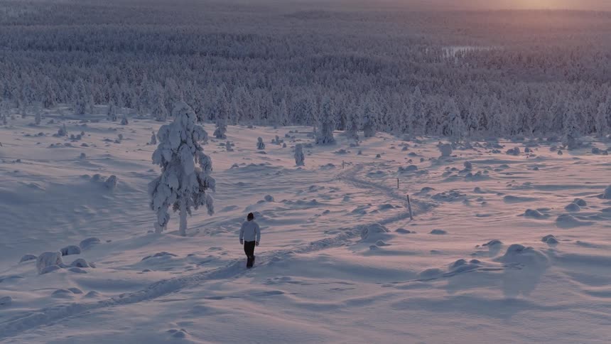 Hiker walking on a path in the snow on a mountain with snow covered trees in the valley forest