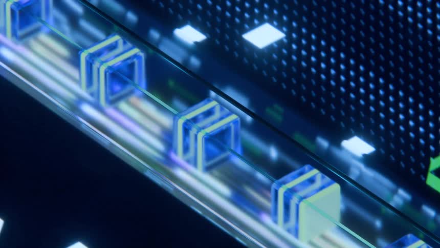 A futuristic abstract design with glowing green pins on a dark surface and blue cubes connected by thin lines