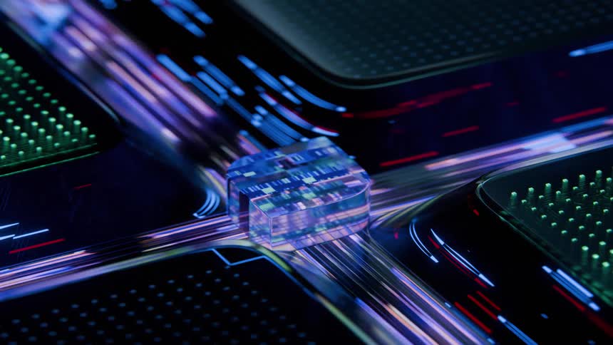 Streaks of light pass through an intersection in a colorful digital machine