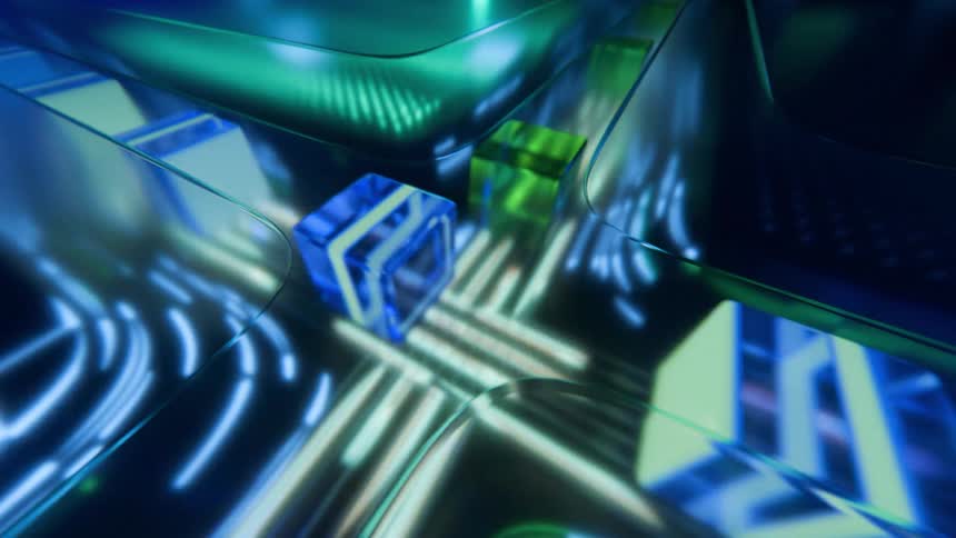 Structure with blue and green blocks connected by luminous tracks in a technological network