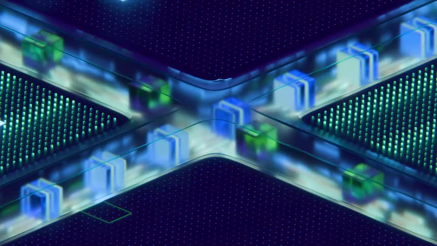Xshaped digital intersection with blue and green luminous flows representing network data
