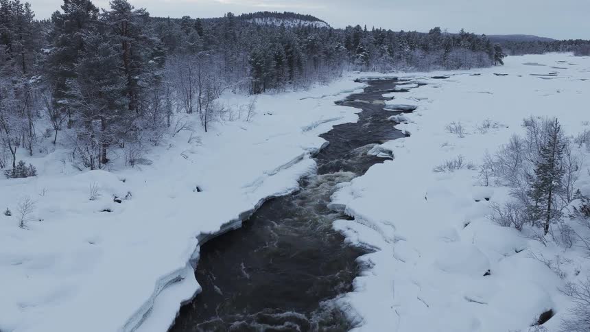 Broken ice on the river as it flows with a forest of snow covered trees along the coast