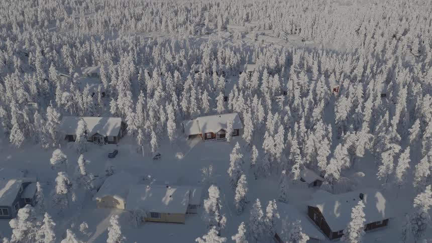 A high view shows several small houses with snow covered roofs nestled among a dense forest of white frosted trees under a bright winter sun