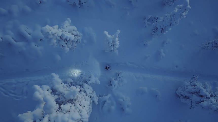 A person with a flashlight walks along a narrow path through a dense forest of snow covered pine trees captured from a high angle perspective