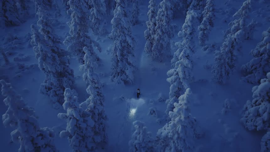 A lone hiker carries a flashlight while hiking through a snow covered forest