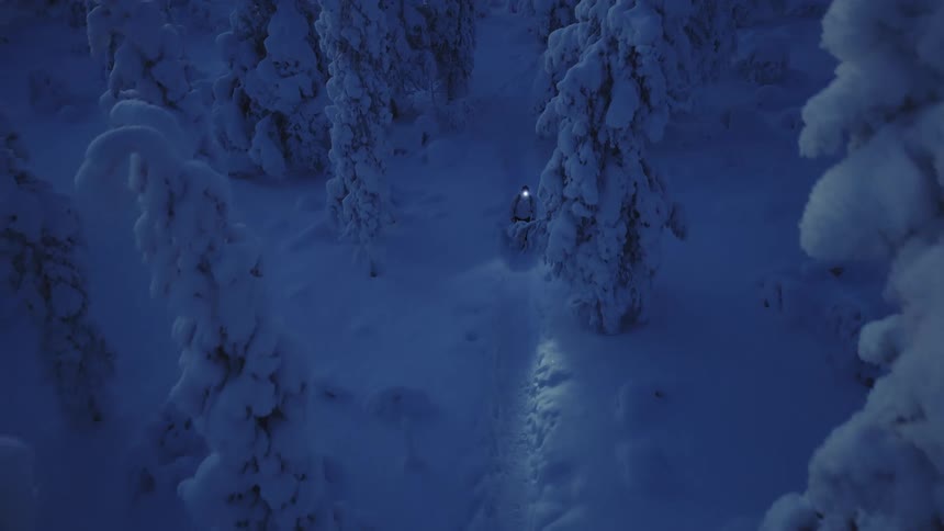 Person walks along a snowy trail between snowcovered trees holding a light source