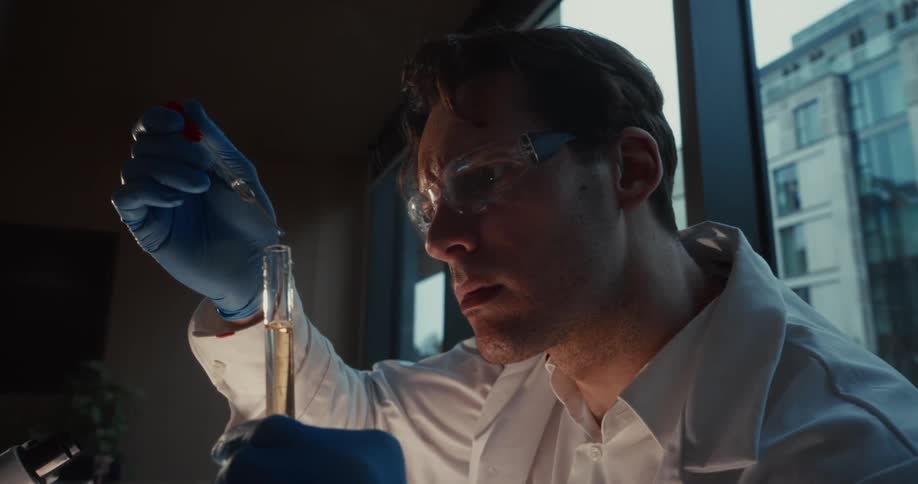 A scientist wearing safety goggles and blue gloves carefully uses a dropper to add a clear liquid into a test tube he is focused intently on the reaction as the droplets fall into the yellowish fluid inside the tube