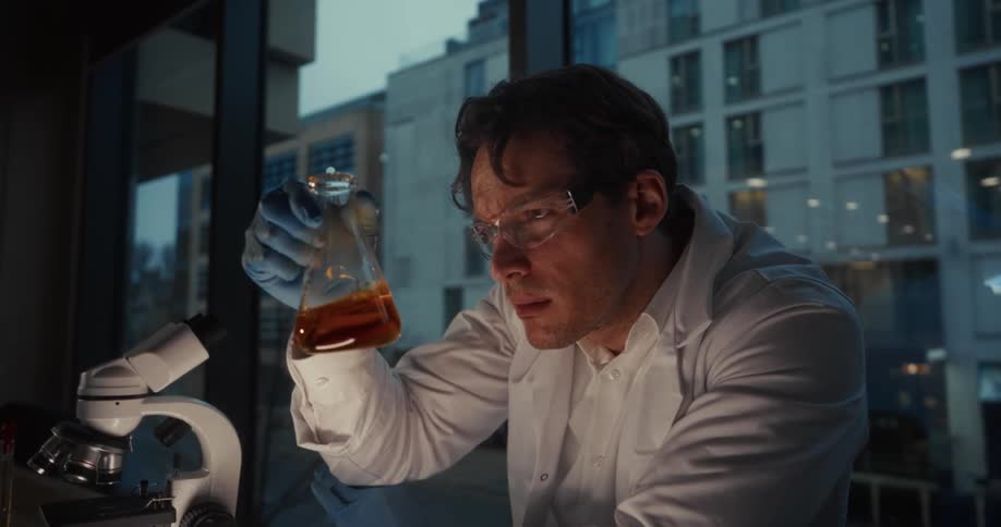 A man in a lab coat looks at a liquid as he swirls it around in a flask