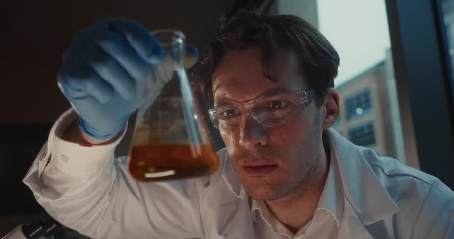 A male scientist wearing protective gear looks intently at an amber liquid inside a glass flask while working in a laboratory