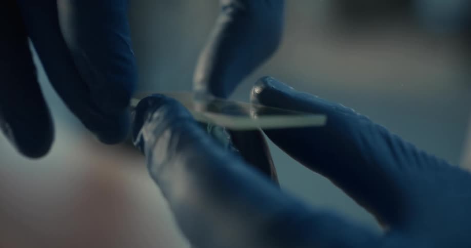 Hands wearing blue gloves hold a microscope slide with a sample on a translucent surface
