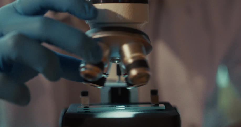 Gloved hand adjusts the microscope objective above a slide positioned on the stage