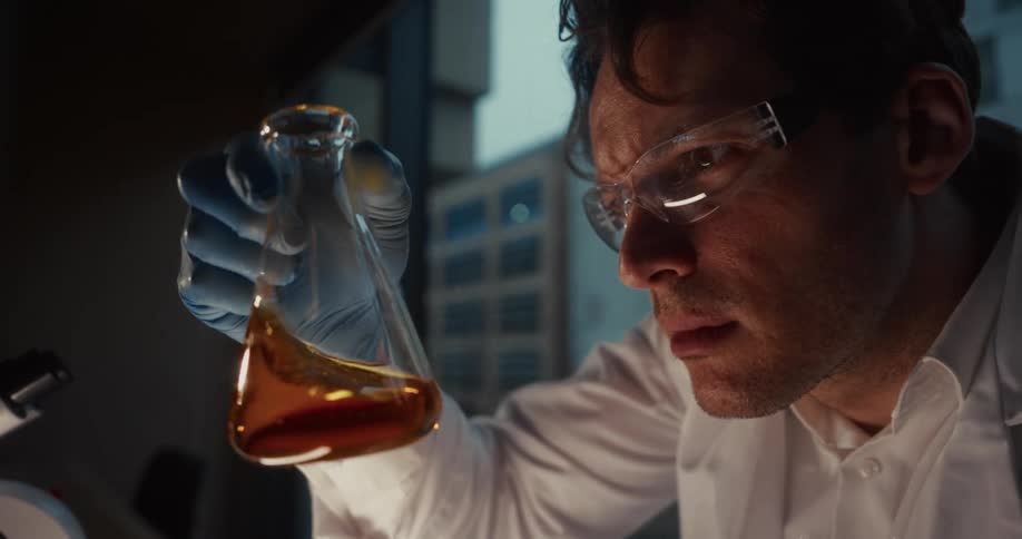 A man in googles gloves and a lab coat is swirling amber liquid in a beaker in a dimly lit room