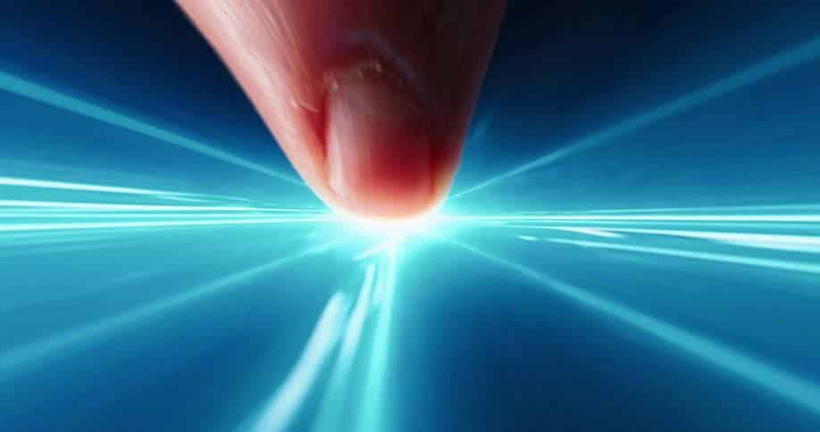 Person taps a finger on a touchscreen and a digital animated graphic starts