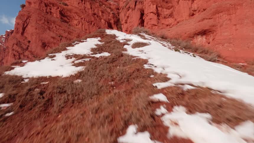 A large red rock formation with visible layers and textures surrounded by snowy grounds mountains and a forest
