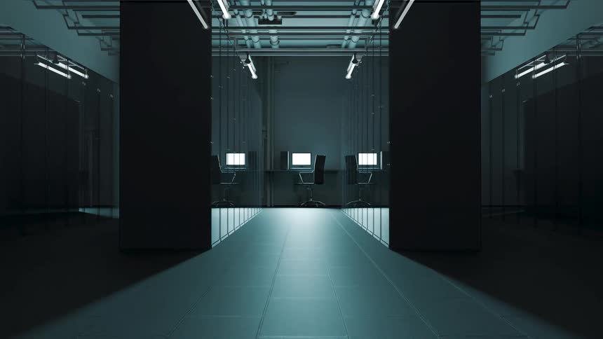 This video shows a slow cinematic zoom through a dark hightech server room or data center the sleek futuristic space features glowing monitors and glass partitions under cooltoned overhead lighting